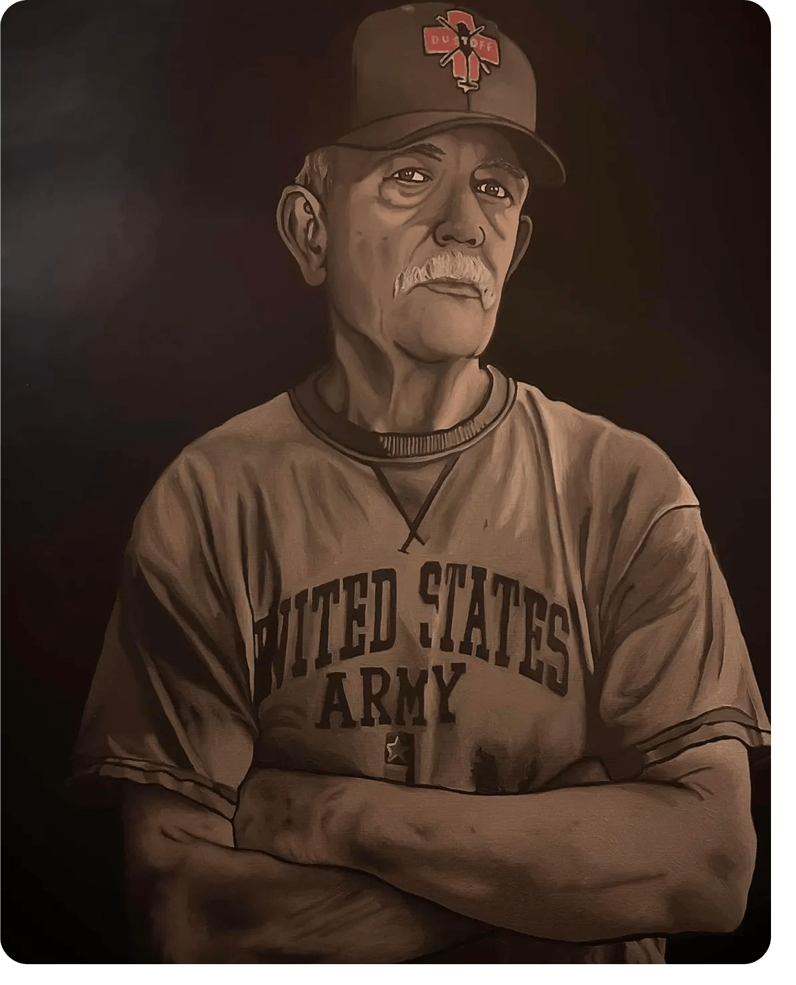 Elderly man in army shirt and cap.