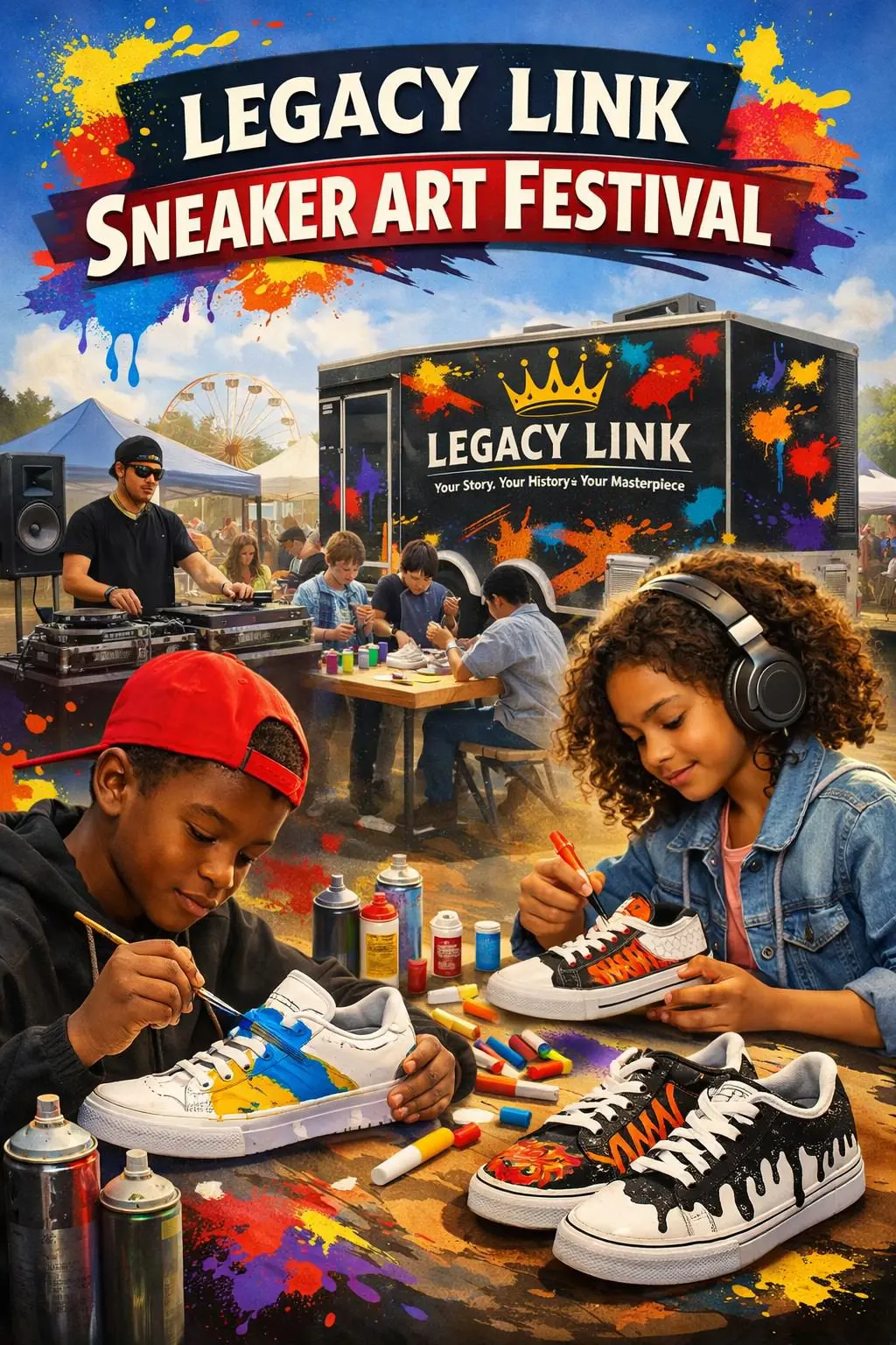 Two kids customizing sneakers at a lively sneaker festival booth.